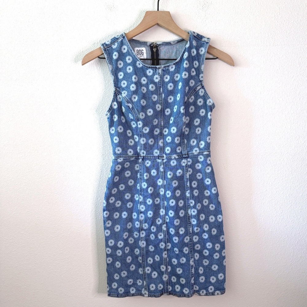 BDG Womens Cotton Daisy Print Denim Mini Dress Size XS Y2K Western Boho Cowgirl